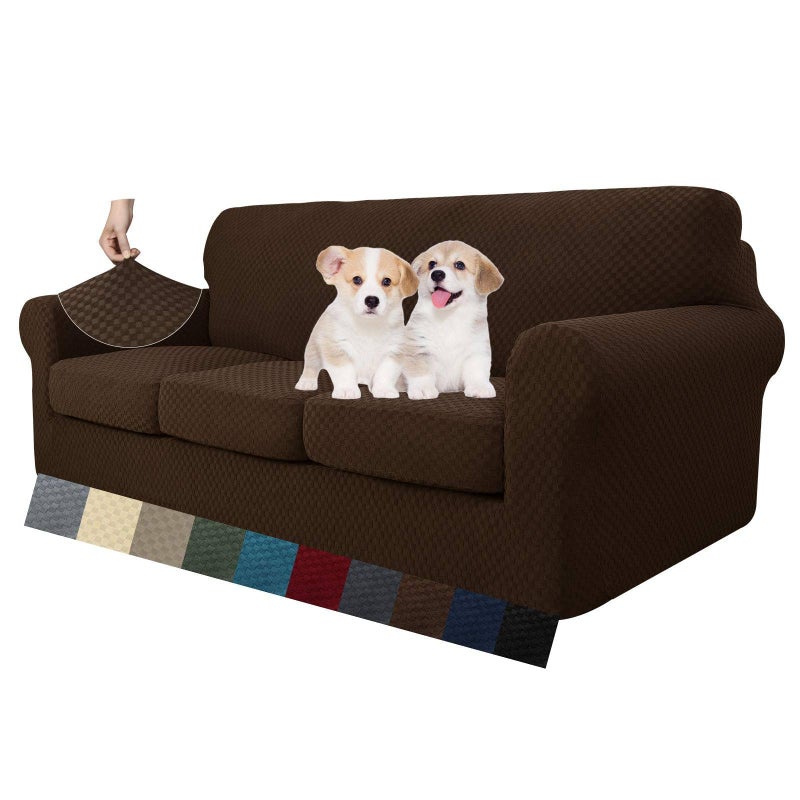 MAXIJIN 4 Piece Couch Covers for 3 Cushion Couch Super Stretch Non Slip Couch Cover for Dogs Pet Friendly Elastic Jacquard Furniture Protector Sofa Slipcovers (Sofa, Dark Coffee) - Image 1